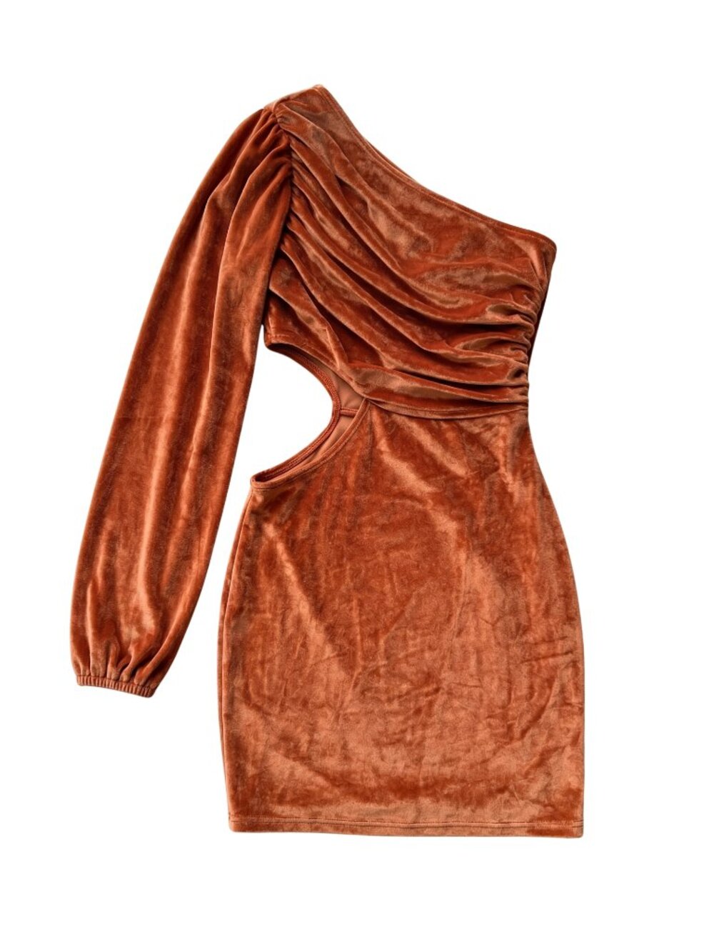 New Orange Rust Velvet One Shoulder Cutout Mini Dress Ruched Bodycon | Large - Picture 2 of 9
